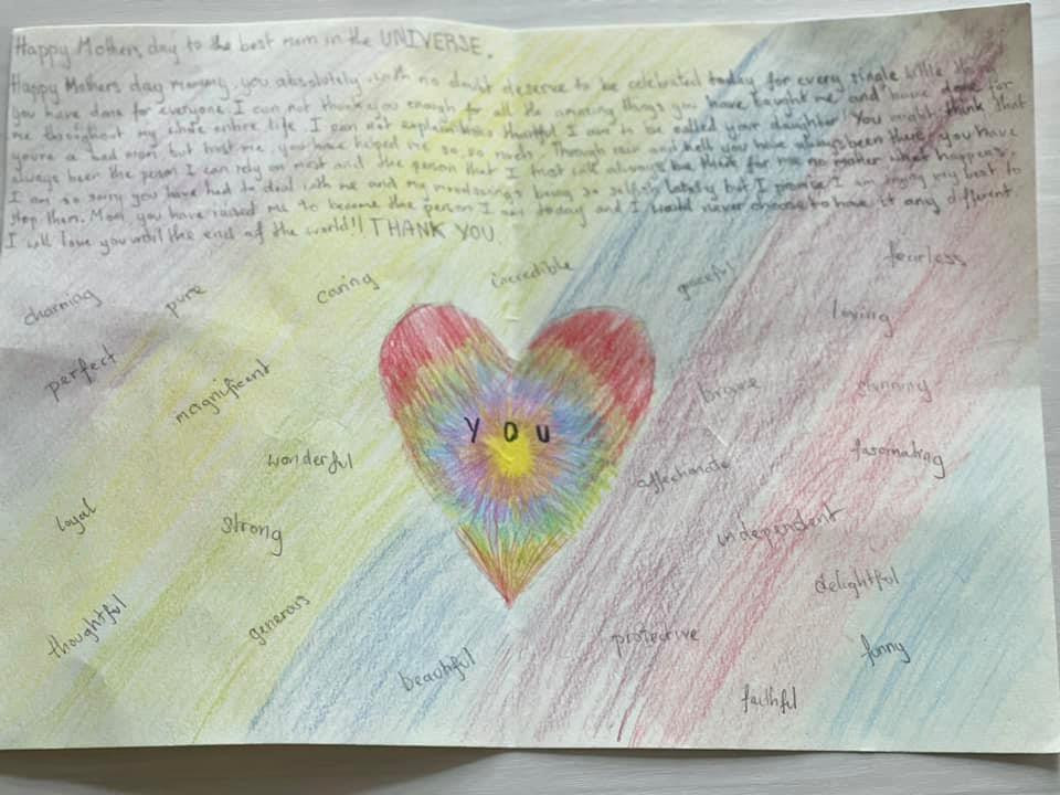 Bức thiệp viết bằng tiếng Anh do con gái Bảo Tiên viết cho Trương Ngọc Ánh