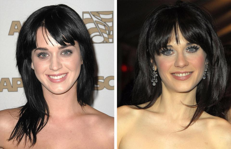 Katy Perry (trái) và Zooey Deschanel (phải)