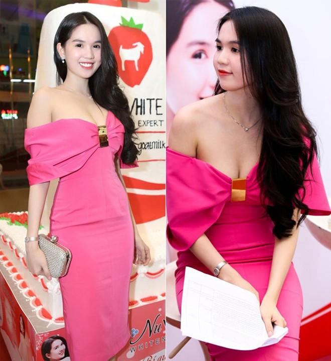 Mới đây nhất, trong sự kiện với vai trò làm gương mặt đại diện, Ngọc Trinh nổi bật với bộ váy hồng, phần ngực được thiết kế hình cánh nơ