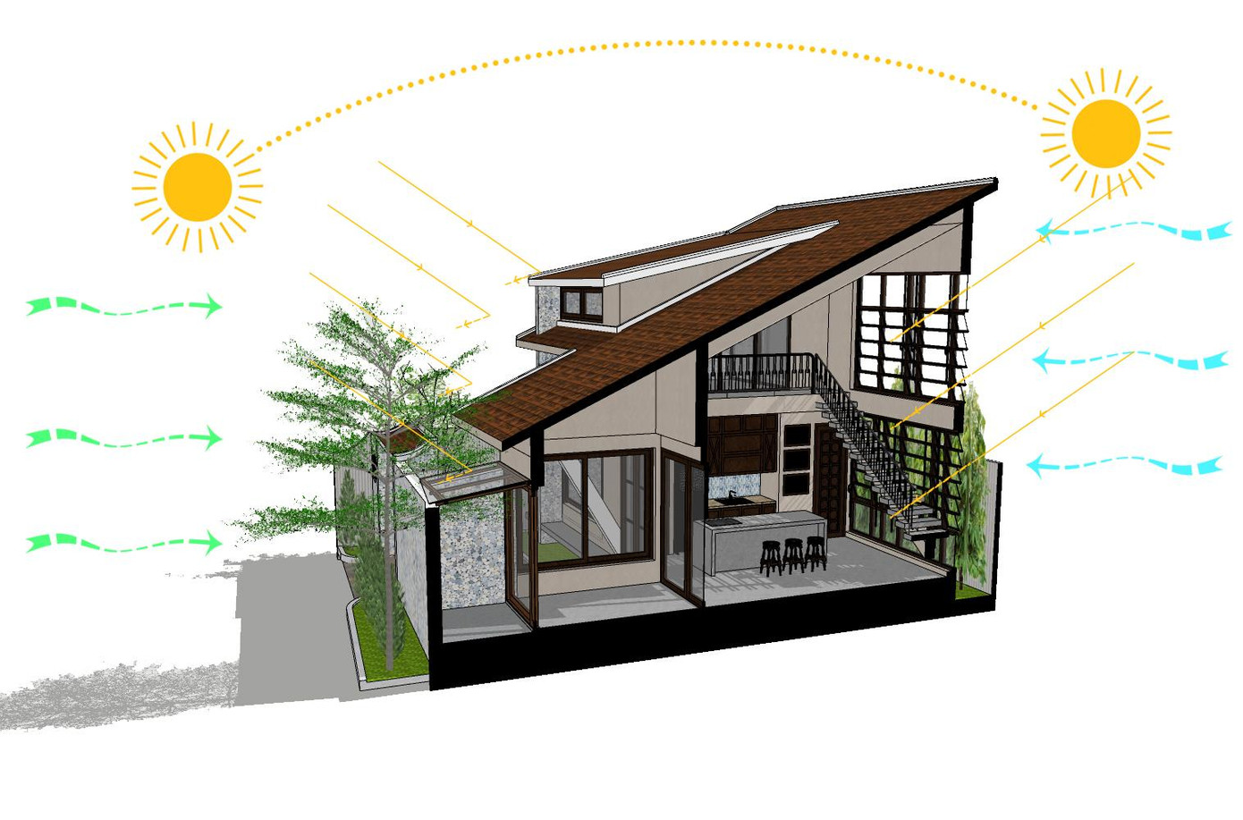 Khu đất xây dựng có tổng diện tích là 100m2, trong đó KTS bố trí tầng trệt của nhà rộng khoảng 50m2, trong khi phần đất còn lại để trồng hoa và rau. “Chúng tôi muốn thiết kế làm sao để mọi người khi bước vào nhà sẽ cảm nhận được sự thân thiết, gợi nhớ về tuổi thơ với những ngôi nhà nông thôn bằng cách sử dụng ngói trơn đất sét và gạch nung cho cổng. Màu sắc chủ đạo là màu nâu của đất sét, mang lại cảm giác yên bình”, KTS nói.