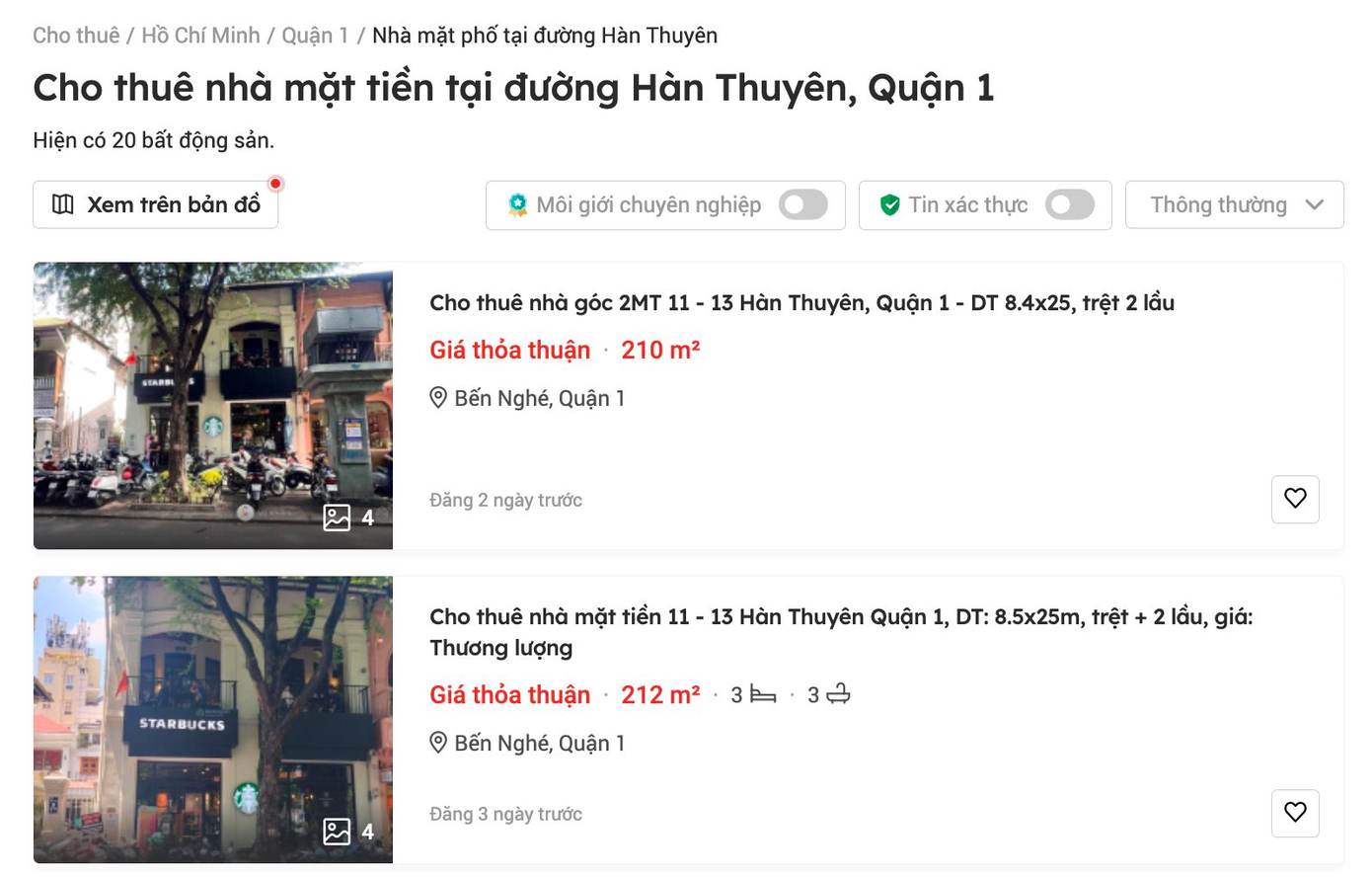 Mặt bằng 11-13 Hàn Thuyên (Quận 1, TP HCM) được nhiều môi giới bất động sản đăng tin tìm người thuê, với giá 30.000 USD/tháng (tương đương hơn 750 triệu đồng/tháng), sau khi thương hiệu Starbucks Việt Nam trả mặt bằng.