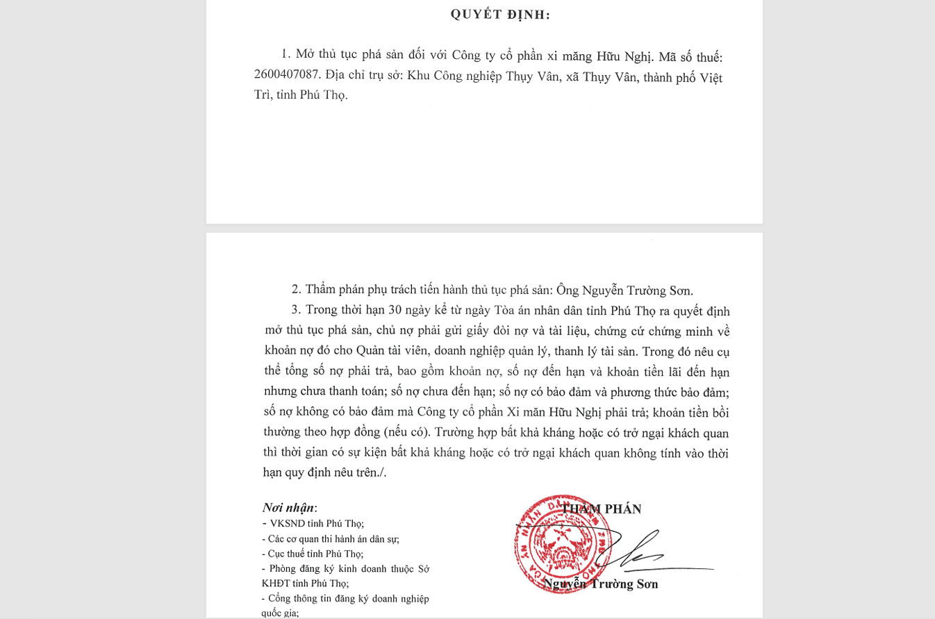 Đến ngày 15/7/2022, TAND tỉnh Phú Thọ ban hành Quyết định số 351, về việc mở thủ tục phá sản đối với Công ty Cổ phần xi măng Hữu Nghị.