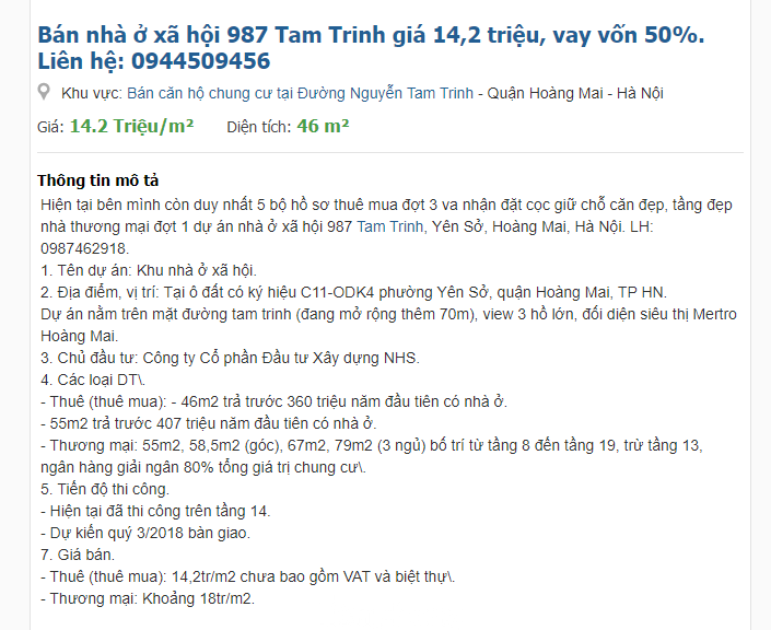 Sau 7 năm, giá các căn NƠXH tại dự án NƠXH 987 Tam Trinh, Yên Sở (Hoàng Mai) tăng gần gấp 3 lần.