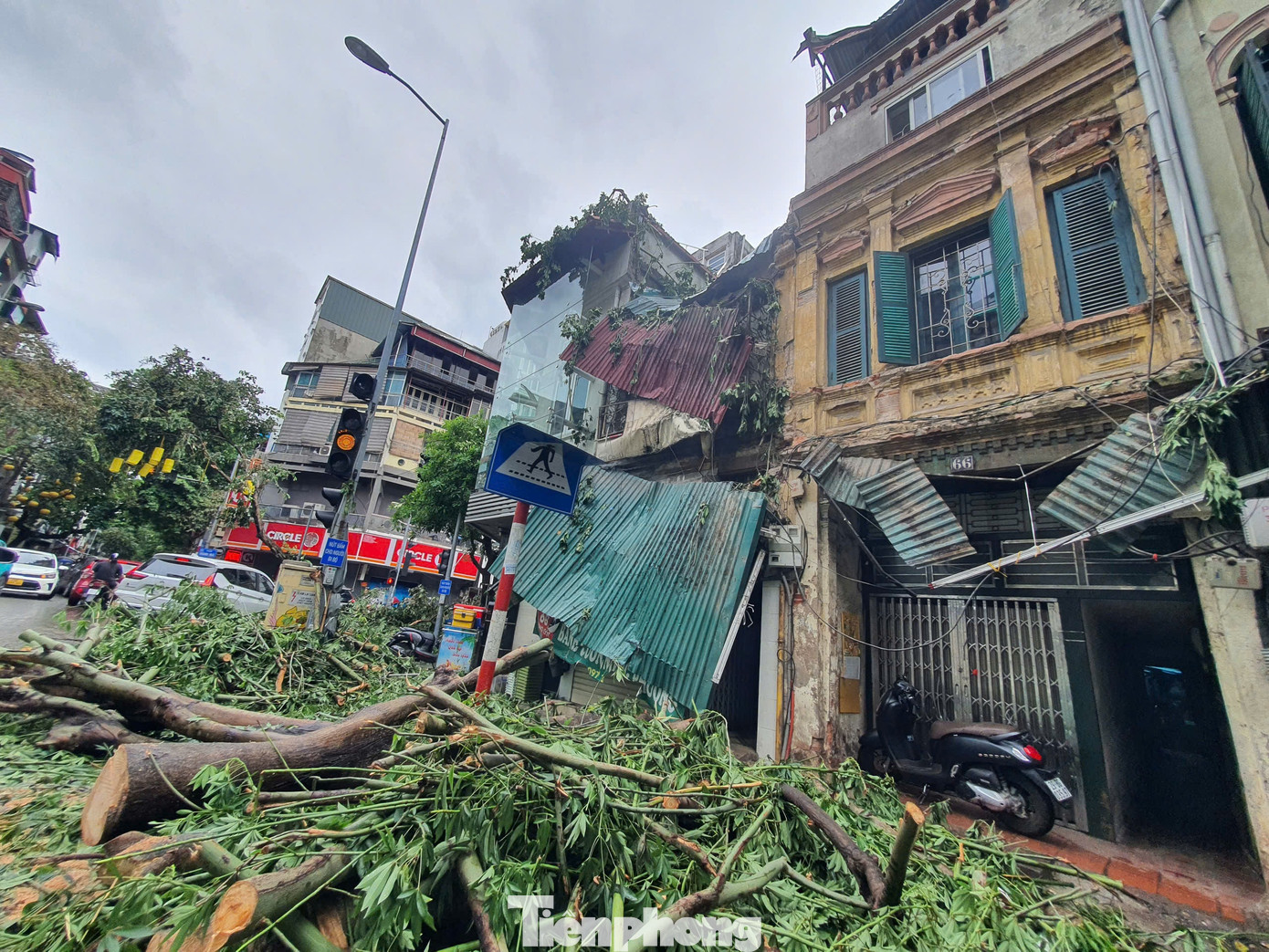 Một căn nhà trên phố Hàng Cót (Hoàn Kiếm) bị cây đè, gây hư hỏng phần mái tôn. Một căn nhà trên phố Hàng Cót (Hoàn Kiếm) bị cây đè, gây hư hỏng phần mái tôn.