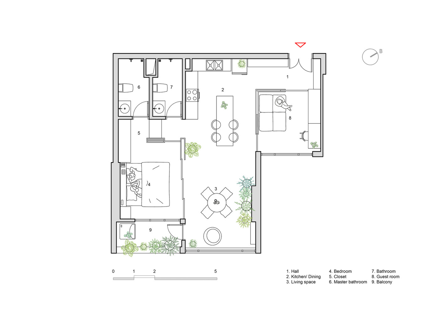 Giải pháp thiết kế được đưa ra là phá bỏ tường phòng, di chuyển không gian sinh hoạt ra vị trí trung tâm của căn hộ.