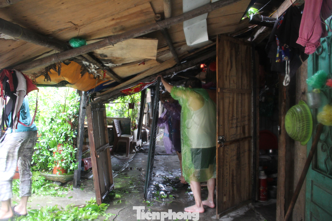 Khi siêu bão ập đến, mái nhà bị cây lớn đổ đè lên nên cụ Quyết phải cùng những người trong khu trọ gia cố lại phần mái, cũng như tìm cách để hứng nước mưa trong nhà. Thậm chí, lúc rạng sáng 8/9, cụ phải mặc áo mưa ngồi chờ trời sáng chứ không dám chợp mắt vì sợ bão thổi bay mất phòng trọ.