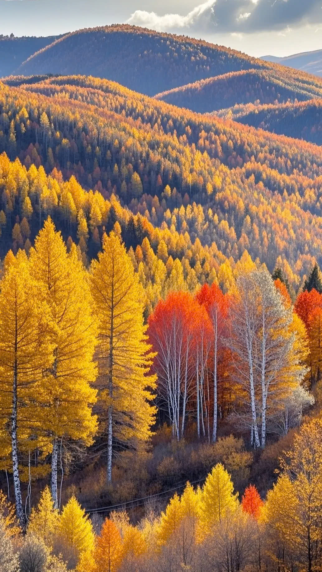 Khi mùa thu đến, màu sắc của từng loài cây trong dãy Đại Hưng An Lĩnh tựa như một bức tranh sơn dầu, khi dần dần chuyển sang màu vàng và đỏ rực.