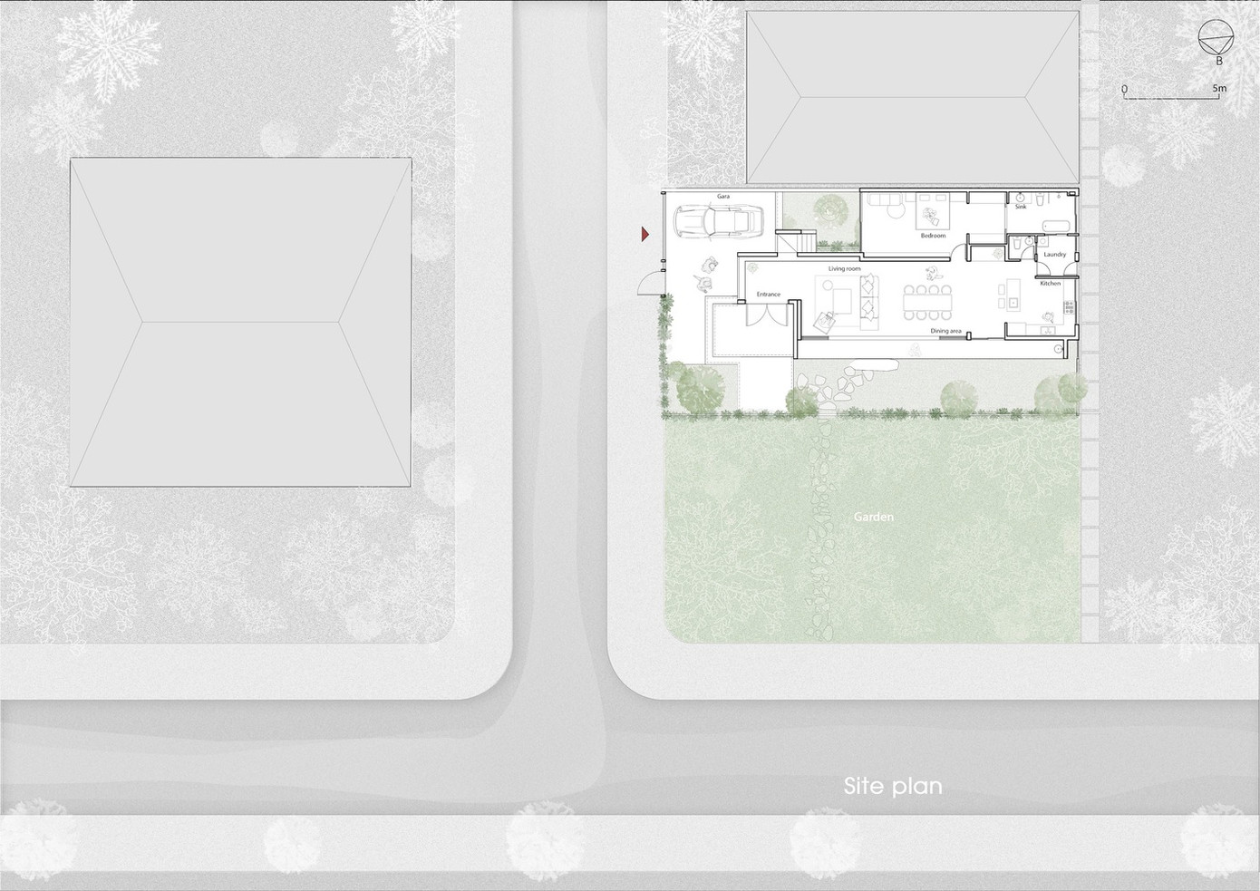 Ngôi nhà được bố trí ở một bên của lô đất, để tạo ra sân trong, đóng vai trò là không gian chuyển tiếp giữa hiên nhà và khu vườn.