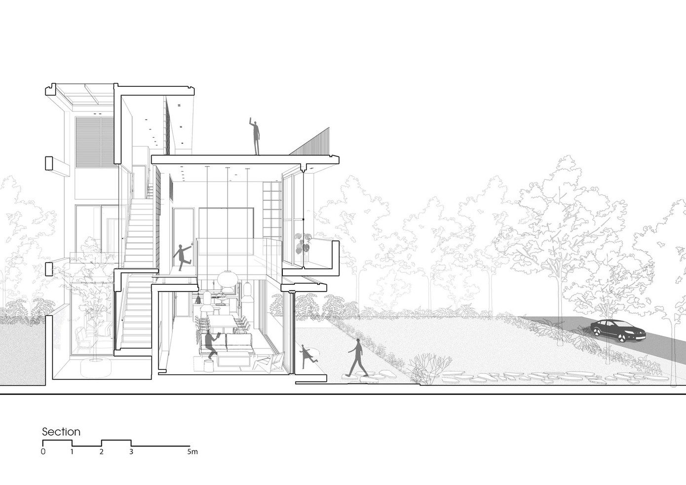 Ngôi nhà được bố trí ở một bên của lô đất, để tạo ra sân trong, đóng vai trò là không gian chuyển tiếp giữa hiên nhà và khu vườn.