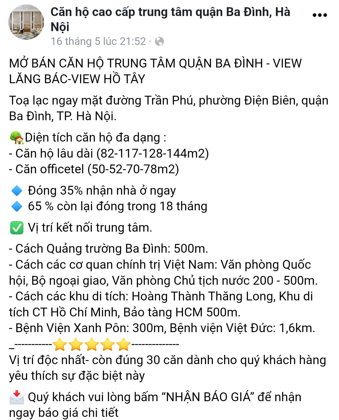 Sau khi cao ốc 8B Lê Trực (quận Ba Đình, Hà Nội) “cắt ngọn” để khắc phục vi phạm về trật tự xây dựng, dự án được đổi tên thành “Discovery Central” và rao bán căn hộ với giá trên 100 triệu đồng/m2. Ảnh chụp màn hình.