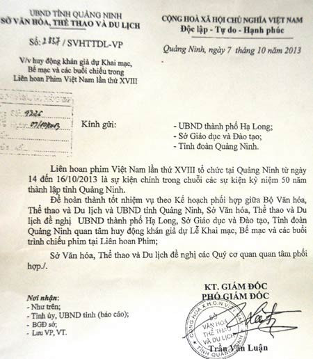 Công văn Sở Văn hóa Thể thao Du lịch huy động học sinh xem phim