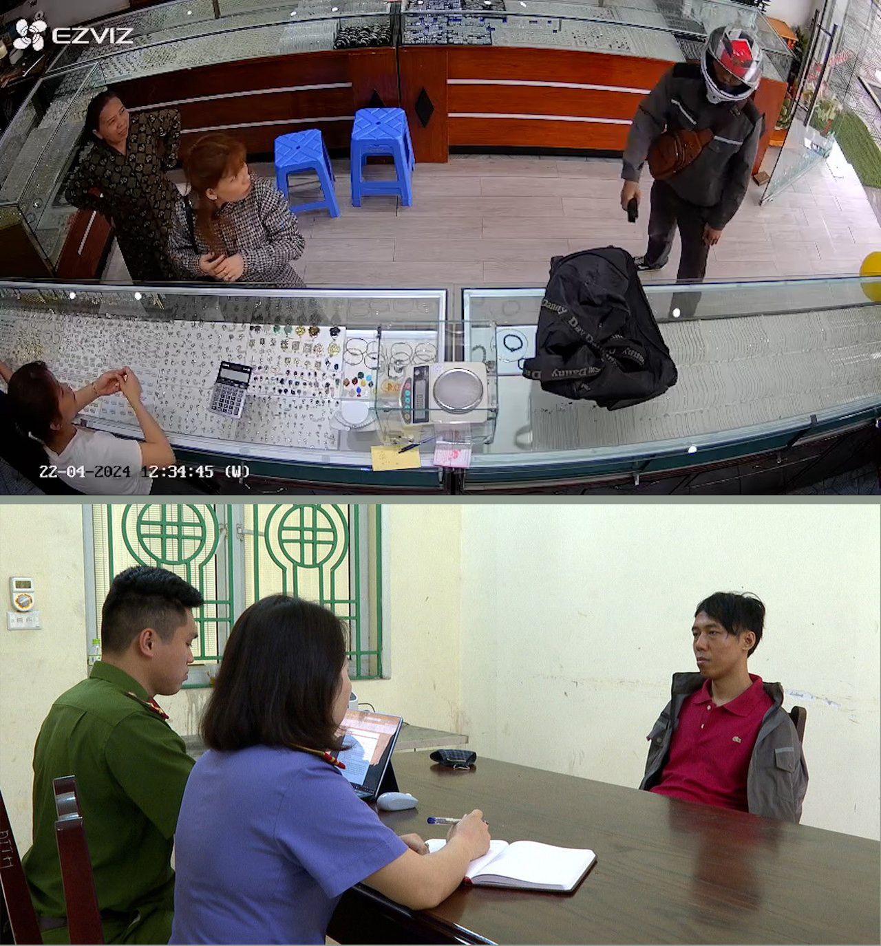 Đối tượng Đinh Quang Minh cầm dùi cui cướp tiệm vàng.