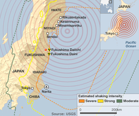 Vị trí nhà máy điện hạt nhân Fukushima I và II. Đồ họa: BBC. Vị trí nhà máy điện hạt nhân Fukushima I và II. Đồ họa: BBC