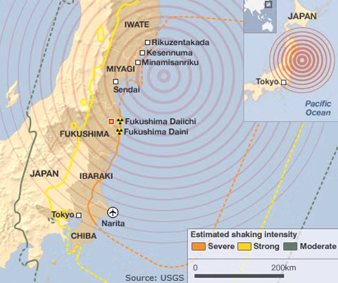 Vị trí nhà máy điện hạt nhân Fukushima I và II. Đồ họa: BBC
