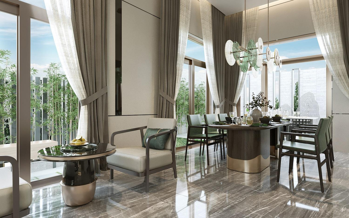 Thiết kế nhà phố ưu tiên sử dụng hệ thống cửa kính lớn giúp nhà phố tận dụng ánh sáng và không khí tự nhiên, phù hợp cho cả mục đích an cư lẫn kinh doanh.