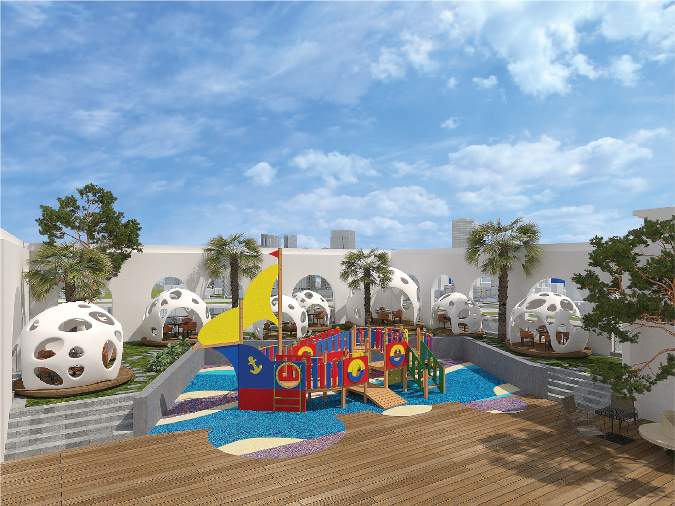 Khu vui chơi trẻ em kết hợp vườn trên mái được thiết kế ở không gian rộng với các trò chơi đa dạng