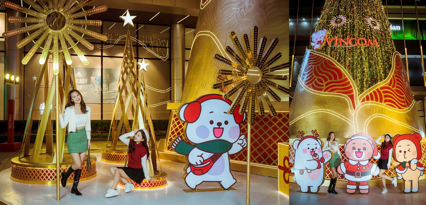 Tại TTTM Vincom Mega Mall Ocean Park, mọi người có thể check-in ở bất cứ góc nào với loạt cây thông đủ kiểu dáng, sắc màu. Đặc biệt, sự xuất hiện của những người bạn gấu đã giúp cho nhiều bạn trẻ tận hưởng không khí ấm áp mùa lễ hội, không còn “cô đơn” dù chụp ảnh một mình.