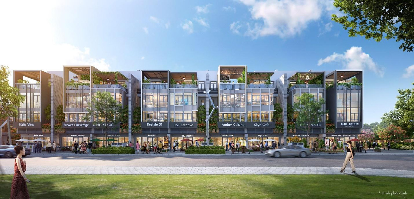 Phối cảnh mặt tiền kiểu song lập của shophouse Celesta Avenue.