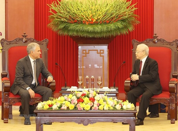 Tổng Bí thư Nguyễn Phú Trọng tiếp Chủ tịch Duma Quốc gia Quốc hội Liên bang Nga Vyacheslav Vichtorovich Volodin. (Ảnh: Trí Dũng/TTXVN) Tổng Bí thư Nguyễn Phú Trọng tiếp Chủ tịch Duma Quốc gia Quốc hội Liên bang Nga Vyacheslav Vichtorovich Volodin. (Ảnh: Trí Dũng/TTXVN)