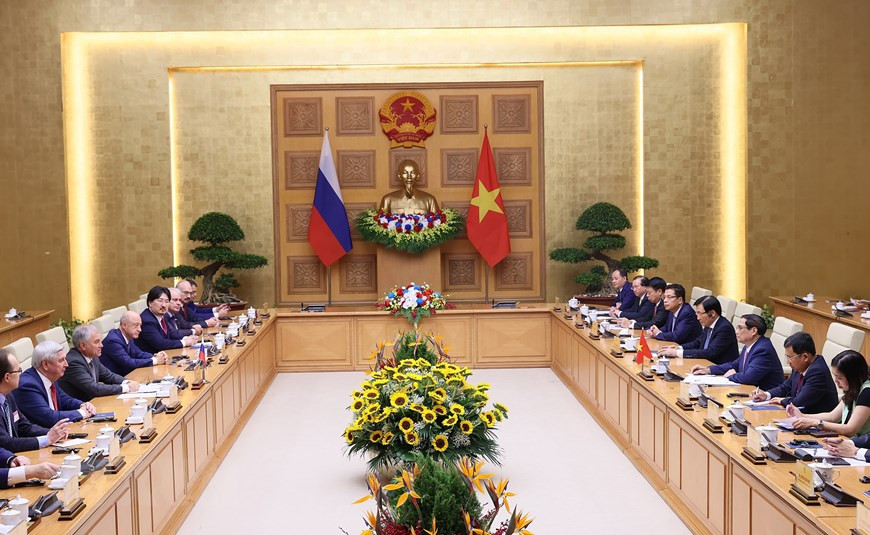 Thủ tướng Phạm Minh Chính hội kiến Chủ tịch Duma Quốc gia Quốc hội Liên bang Nga Vyacheslav Victorovich Volodin. (Ảnh: Dương Giang/TTXVN) Thủ tướng Phạm Minh Chính hội kiến Chủ tịch Duma Quốc gia Quốc hội Liên bang Nga Vyacheslav Victorovich Volodin. (Ảnh: Dương Giang/TTXVN)