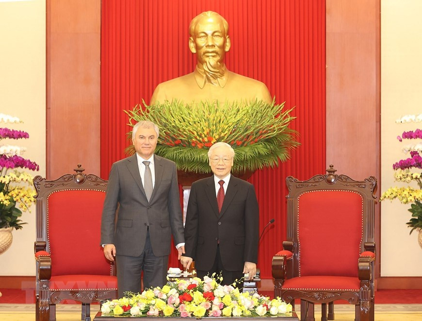 Tổng Bí thư Nguyễn Phú Trọng và Chủ tịch Duma Quốc gia Quốc hội Liên bang Nga Vyacheslav Viktorovich Volodin. (Ảnh: Trí Dũng/TTXVN)