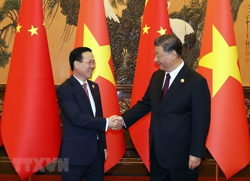 Chủ tịch nước Võ Văn Thưởng hội kiến Tổng Bí thư, Chủ tịch Trung Quốc Tập Cận Bình. (Ảnh: Thống Nhất/TTXVN) Chủ tịch nước Võ Văn Thưởng hội kiến Tổng Bí thư, Chủ tịch Trung Quốc Tập Cận Bình. (Ảnh: Thống Nhất/TTXVN)