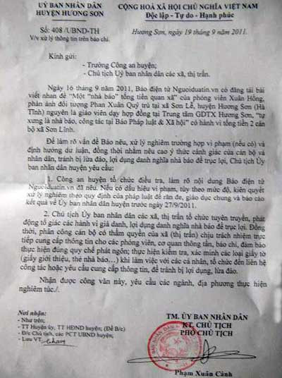 Công văn của UBND huyện Hương Sơn gửi các xã đề nghị cảnh giác nạn giả danh nhà báo tống tiền.