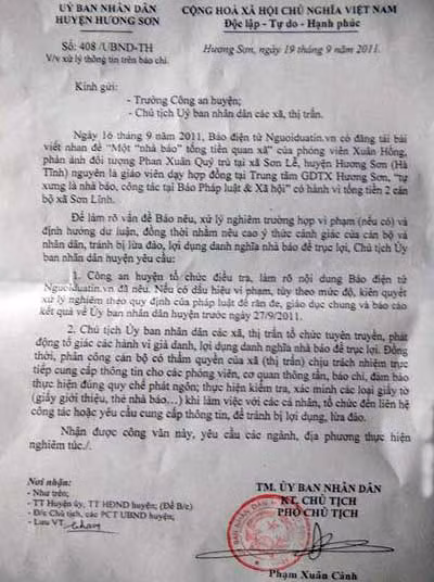 Công văn của UBND huyện Hương Sơn gửi các xã đề nghị cảnh giác nạn giả danh nhà báo tống tiền.. Công văn của UBND huyện Hương Sơn gửi các xã đề nghị cảnh giác nạn giả danh nhà báo tống tiền.