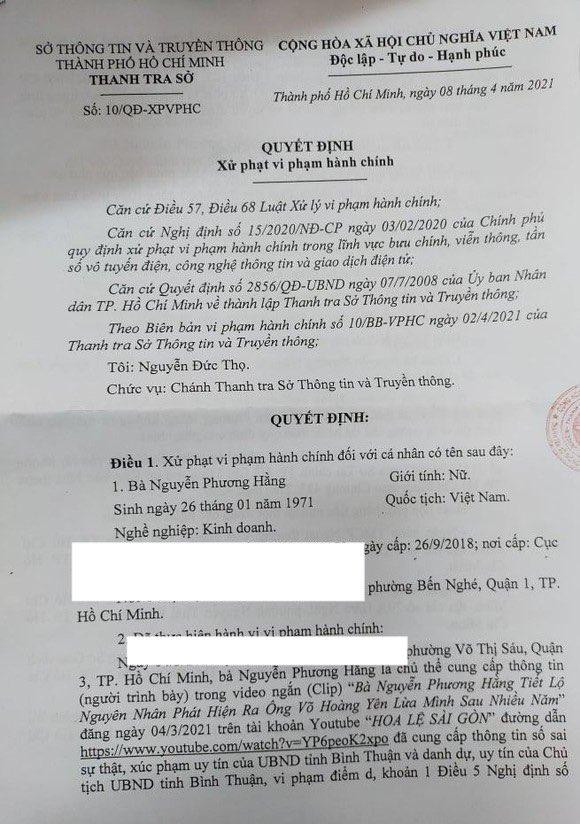 Quyết định sử phạt bà Nguyễn Phương Hằng Quyết định sử phạt bà Nguyễn Phương Hằng