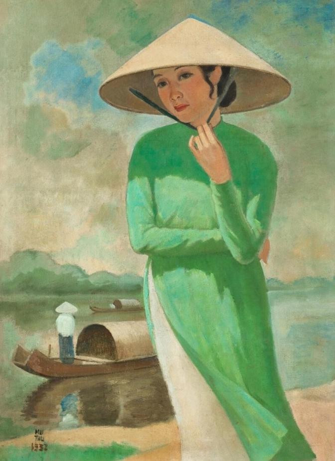 Bức tranh "Phụ nữ đội nón lá bên sông" của Mai Trung Thứ - ảnh Nhà đấu giá SOTHEBY'S Bức tranh "Phụ nữ đội nón lá bên sông" của Mai Trung Thứ - ảnh Nhà đấu giá SOTHEBY'S