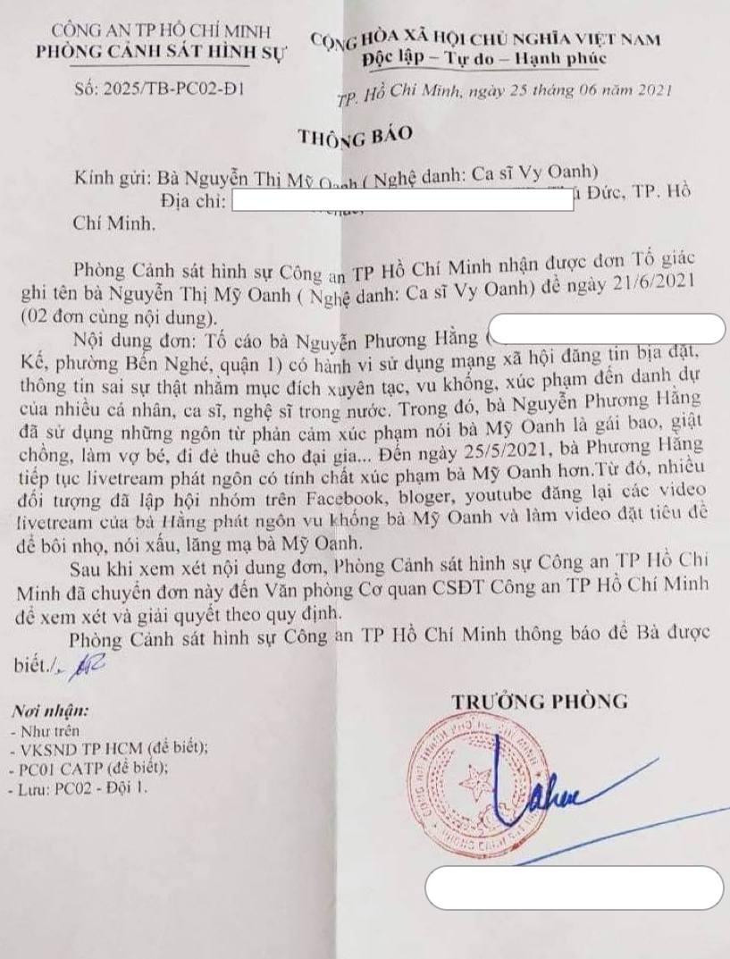 Thông báo tiếp nhận đơn của Vy Oanh từ Phòng Cảnh sát hình sự Công an TPHCM