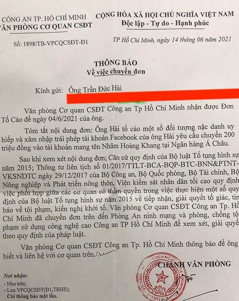 Thông báo của cơ quan điều tra về đơn tố cáo của NSƯT Đức Hải Thông báo của cơ quan điều tra về đơn tố cáo của NSƯT Đức Hải