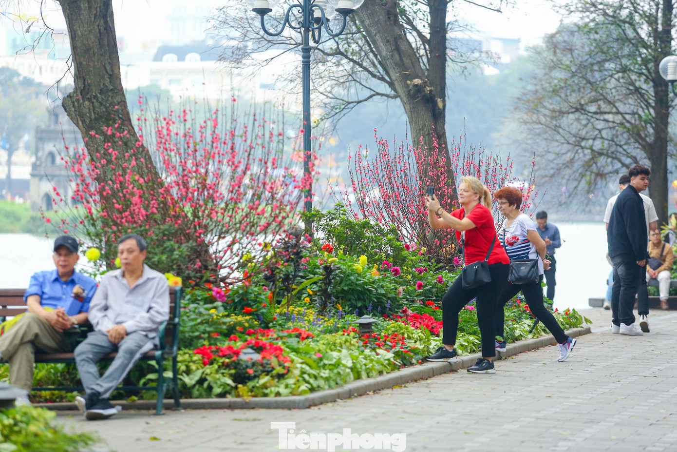 Người dân và du khách ghi lại hình ảnh thảm hoa đầy màu sắc ở hồ Hoàn Kiếm.
