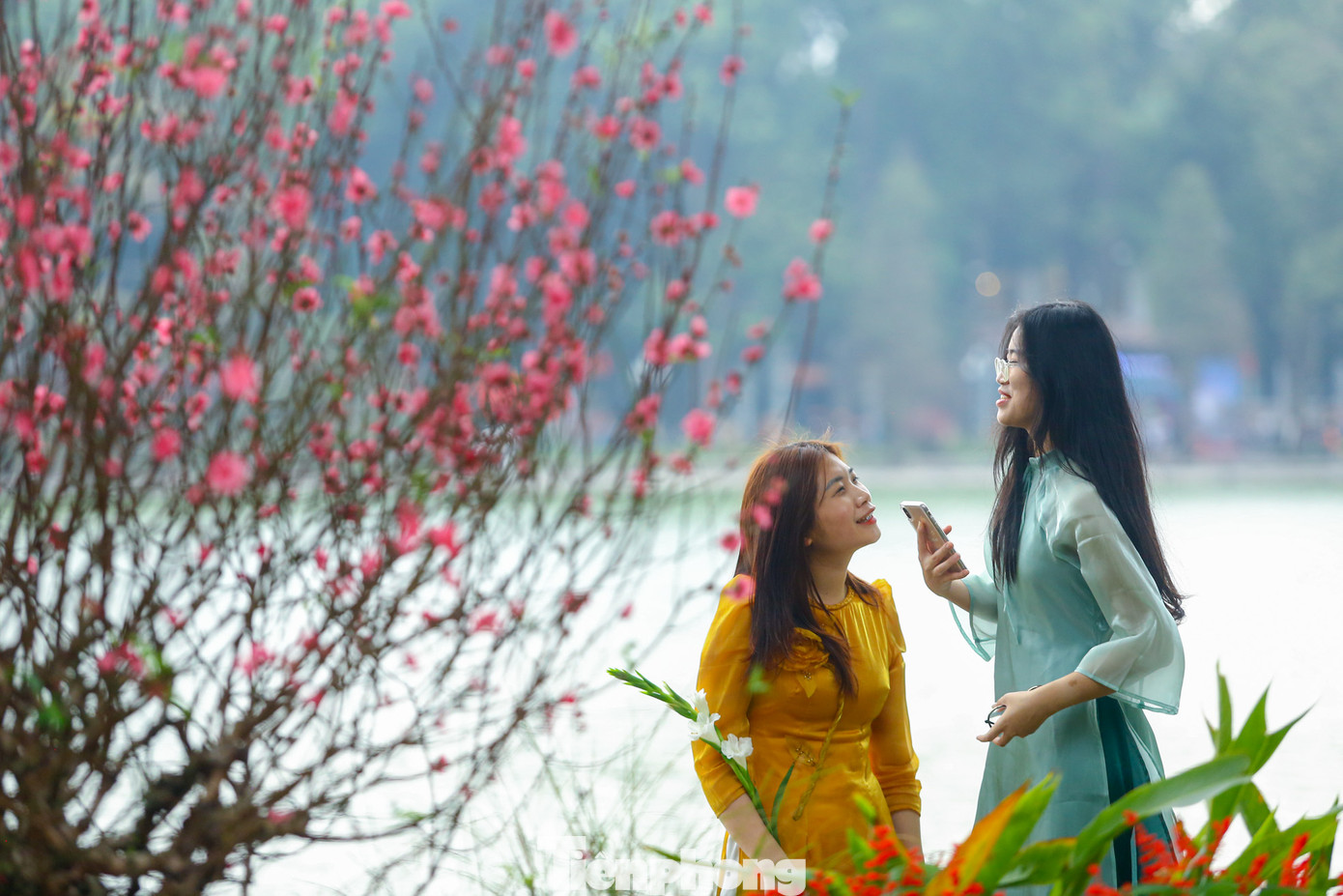 Các "nàng thơ" xúng xính trong các bộ trang phục truyền thống, tạo dáng chụp hình đón chào mùa xuân mới bên những cây đào quanh hồ.