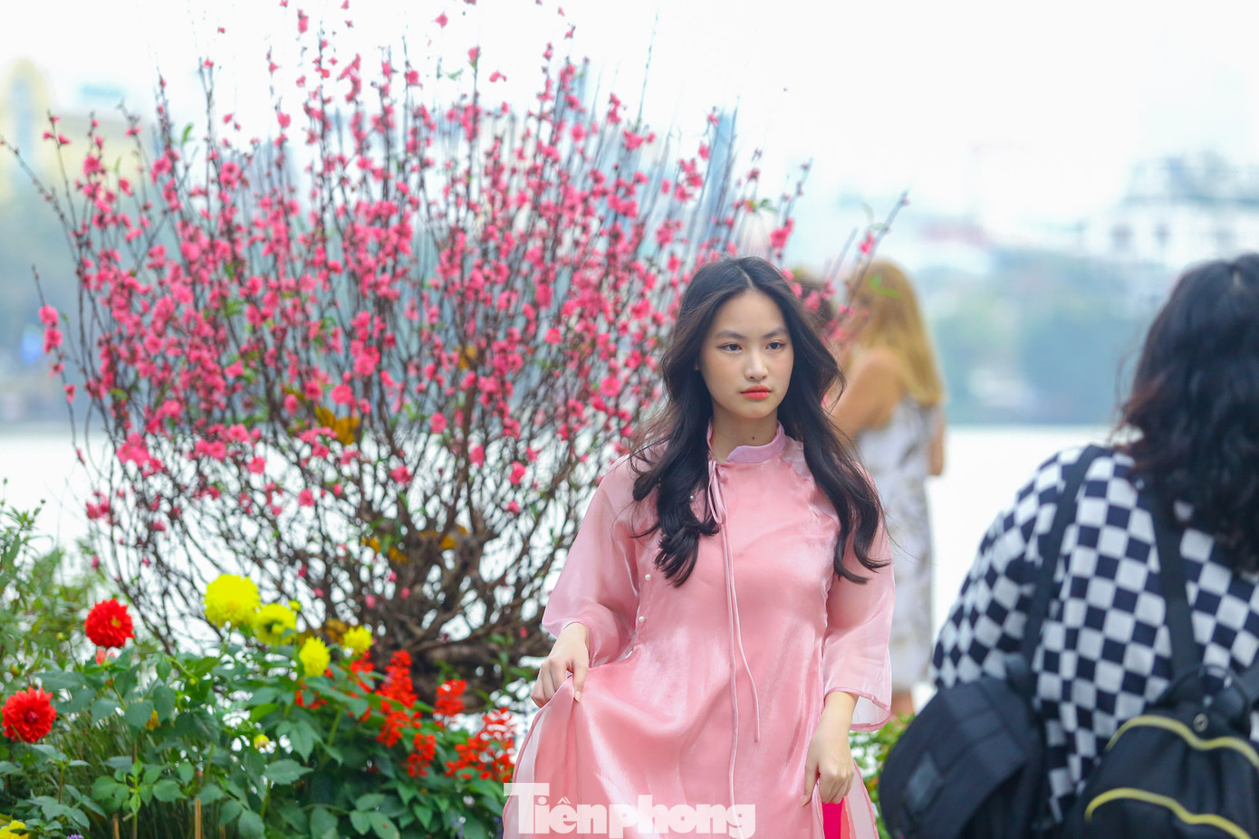 Các "nàng thơ" xúng xính trong các bộ trang phục truyền thống, tạo dáng chụp hình đón chào mùa xuân mới bên những cây đào quanh hồ.