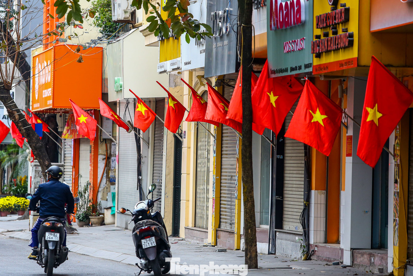 Hàng cờ đỏ sao vàng rực rỡ trên phố Đặng Văn Ngữ (quận Đống Đa, Hà Nội).