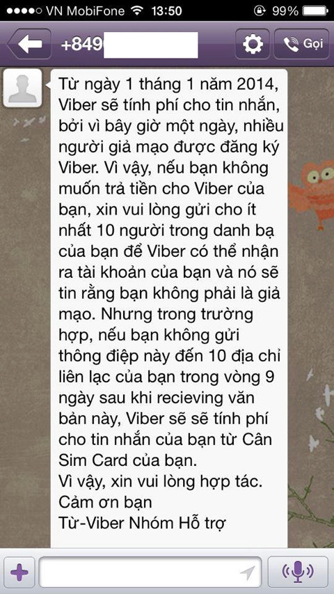 Những tin nhắn cung cấp thông tin Viber sẽ tính phí từ 1/1/2014