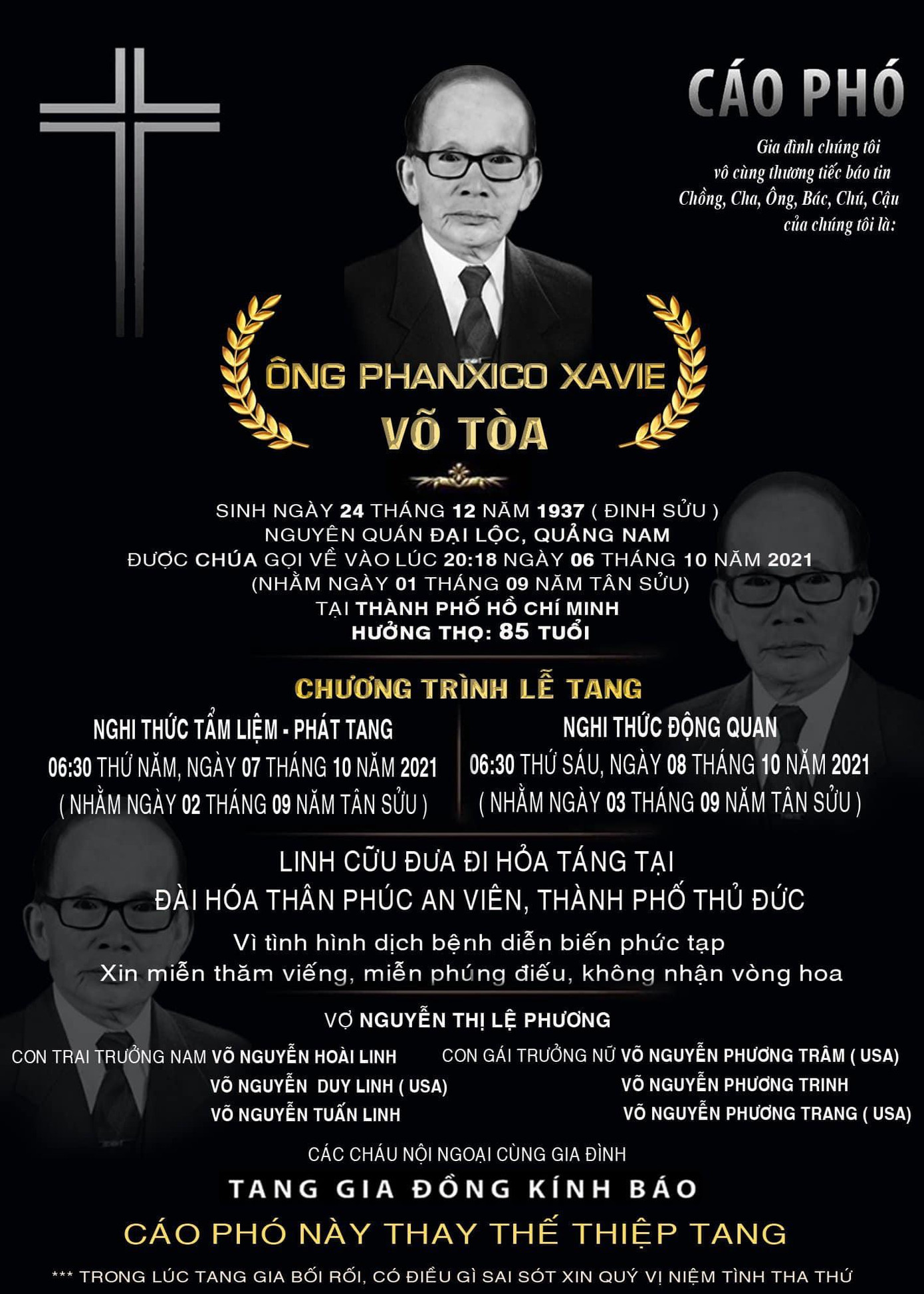 Dương Triệu Vũ đăng cáo phó. Dương Triệu Vũ đăng cáo phó.