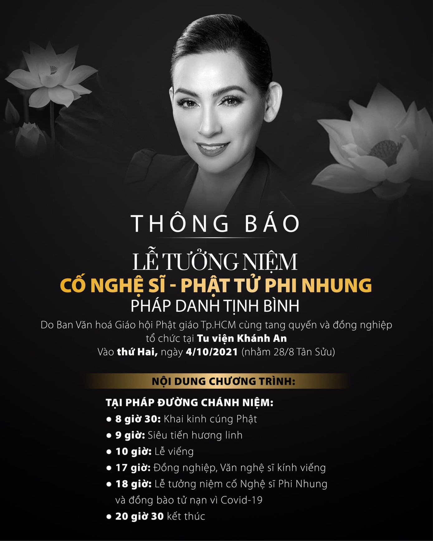 Nội dung lễ tưởng niệm cố ca sĩ Phi Nhung. Nội dung lễ tưởng niệm cố ca sĩ Phi Nhung.