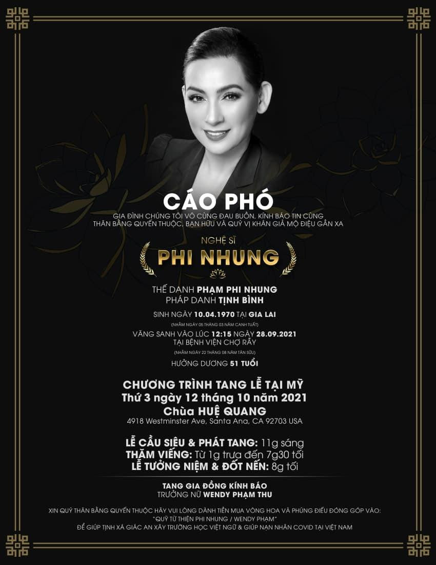 Cáo phó lễ tang ca sĩ Phi Nhung.