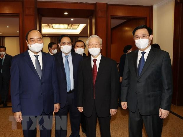 Tổng Bí thư Nguyễn Phú Trọng, Chủ tịch nước Nguyễn Xuân Phúc, Thủ tướng Phạm Minh Chính và Chủ tịch Quốc hội Vương Đình Huệ dự hội nghị. (Ảnh: Trí Dũng/TTXVN) Tổng Bí thư Nguyễn Phú Trọng, Chủ tịch nước Nguyễn Xuân Phúc, Thủ tướng Phạm Minh Chính và Chủ tịch Quốc hội Vương Đình Huệ dự hội nghị. (Ảnh: Trí Dũng/TTXVN)