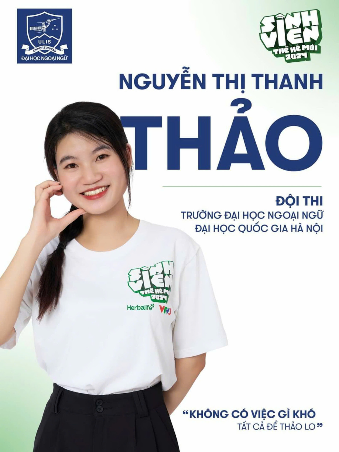 Nguyễn Thị Thanh Thảo là sinh viên Khoa Trung, ngành Ngôn ngữ & Văn hóa Trung Quốc, Trường Đại học Ngoại ngữ - ĐHQGHN.