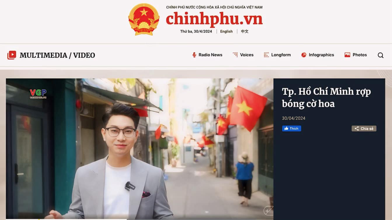 Mới đây nhất, anh chàng còn đảm nhận vai trò tổ chức sản xuất, biên tập và MC cho chuỗi bài chào mừng 49 năm Ngày Giải phóng miền Nam, thống nhất đất nước trên Cổng thông tin Điện tử Chính phủ.