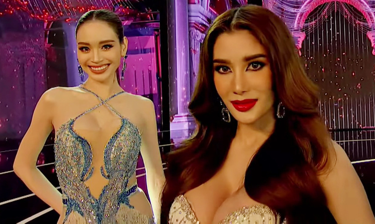 Pimjira Charoenlak và Thamita Anusin trong cảnh phim của Cuộc chiến sắc đẹp vào năm 2014 (ảnh trái) và trên sân khấu bán kết Hoa hậu Hòa bình Thái Lan 2023 tối 26/4.