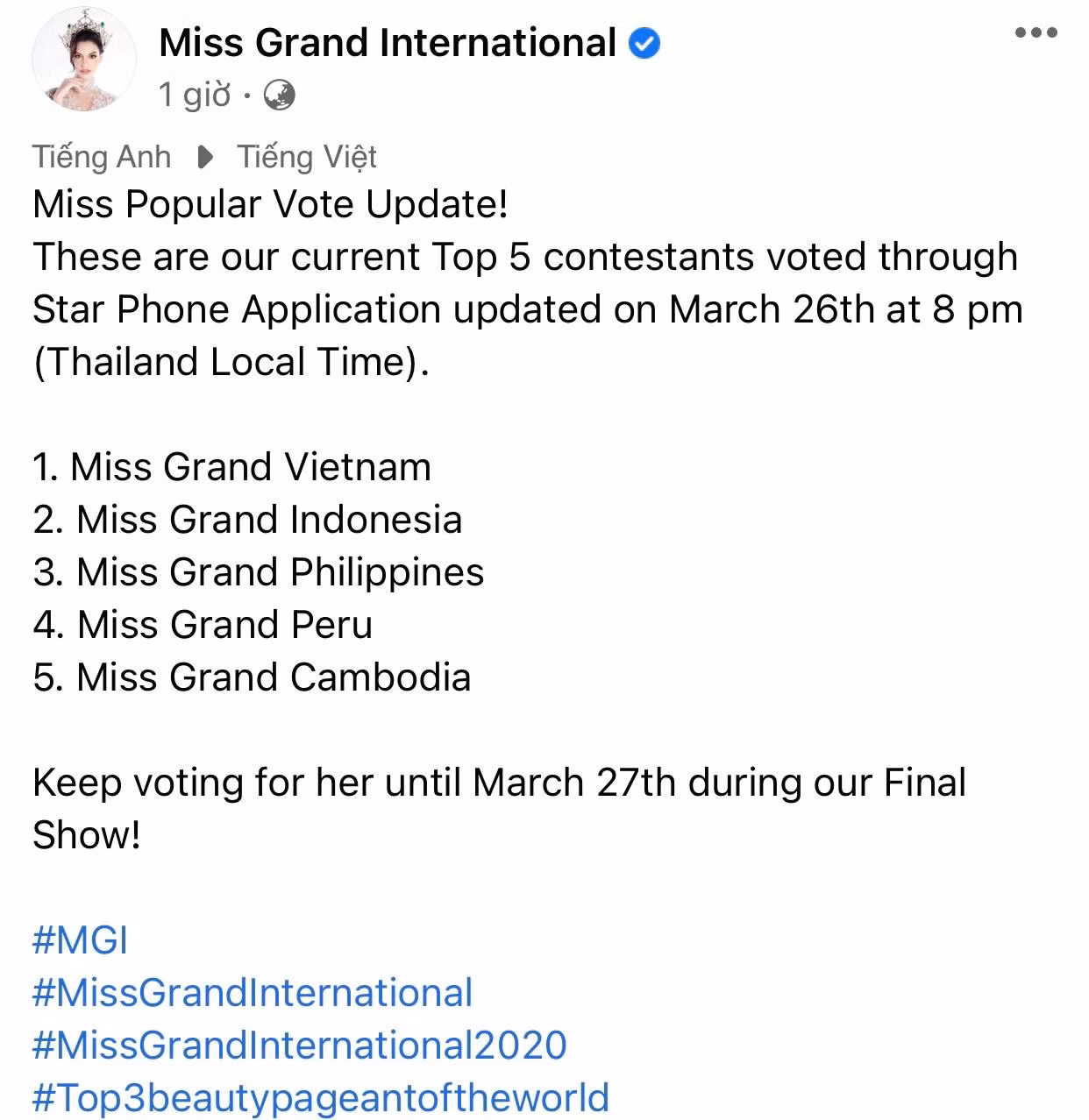 Kết quả bình chọn giải thưởng Miss Popular Vote tính đến 8h tối 26/3. Kết quả bình chọn giải thưởng Miss Popular Vote tính đến 8h tối 26/3.