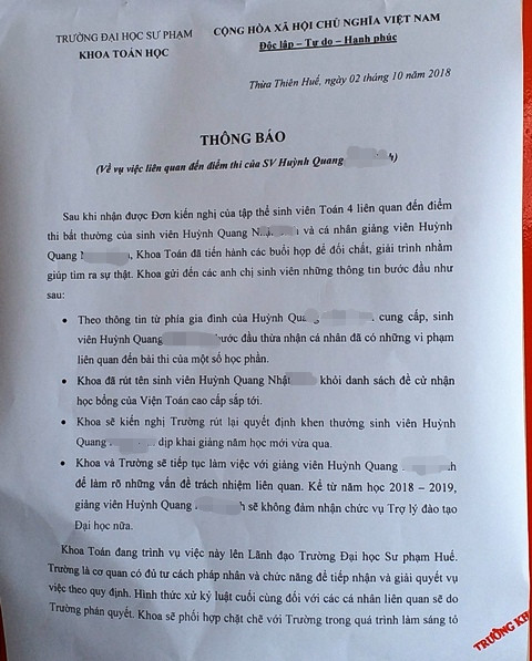 ĐH sư phạm Huế xác nhận có tố cáo gian lận điểm thi ảnh 2