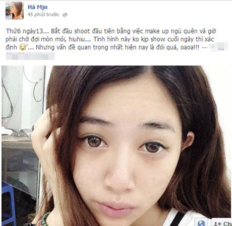 Hà Min trông khá phờ phạc trong lúc đợi người trang điểm