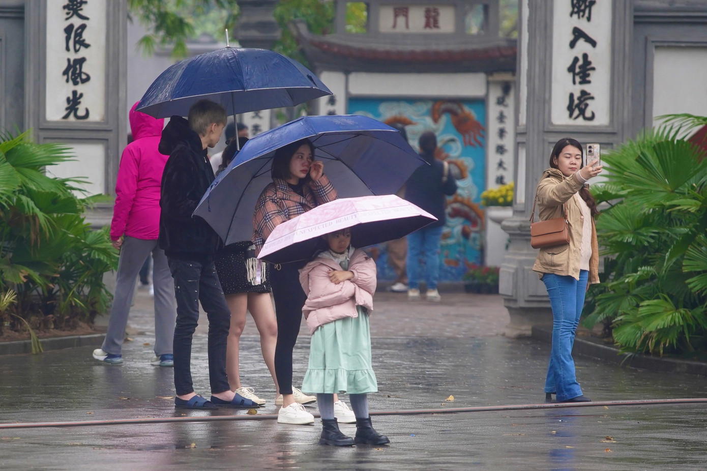 Du khách "đội mưa" du xuân.