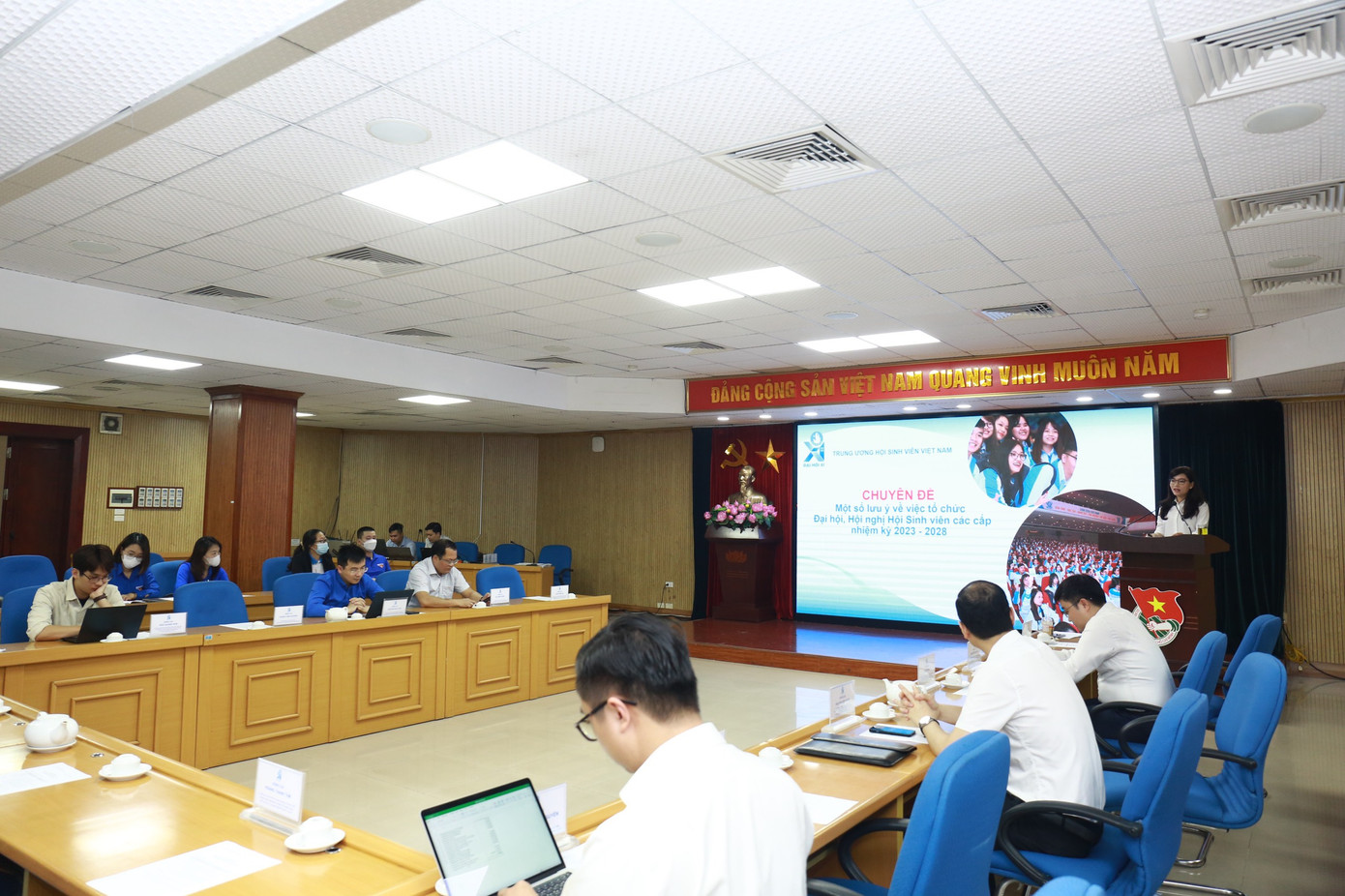 Hội nghị tập huấn trực tuyến công tác tổ chức Đại hội Hội Sinh viên Việt Nam các cấp tại điểm cầu Hà Nội. Ảnh: Bảo Anh