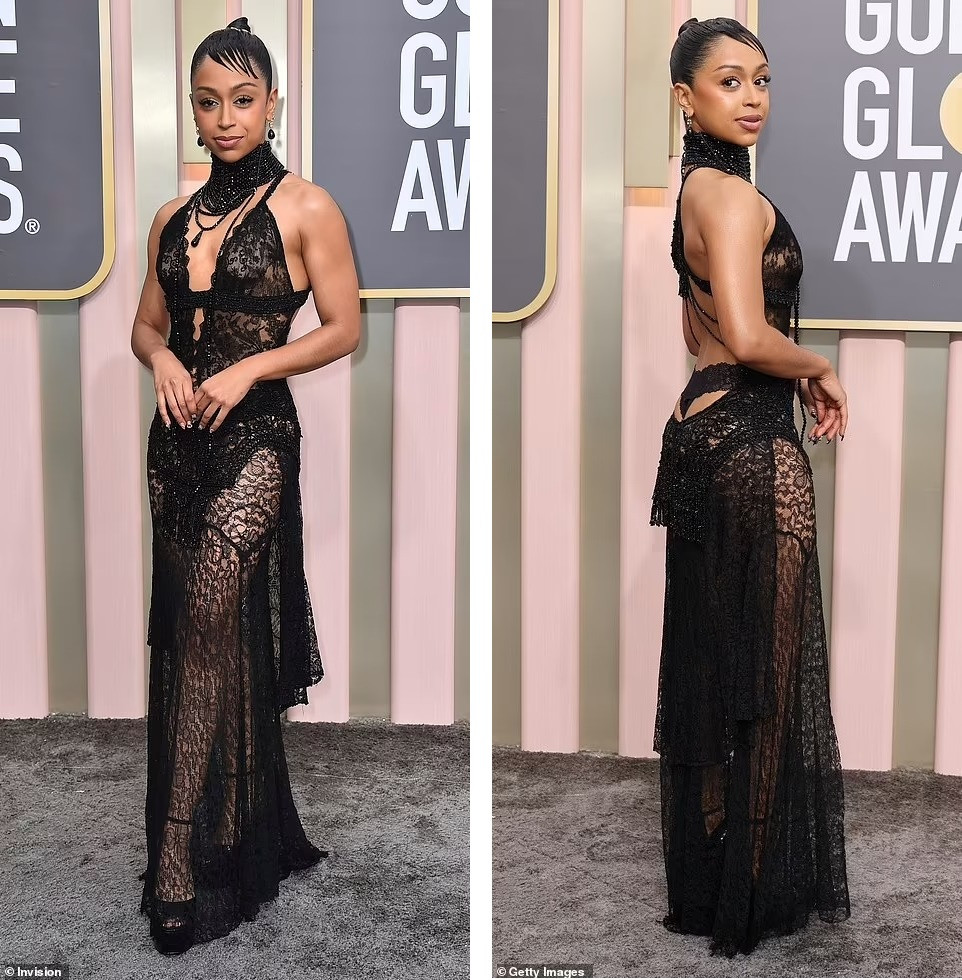 Diễn viên hài Liza Koshy chọn cho mình chiếc váy ren đen xuyên thấu, với phần lưng khoét bạo lộ cả vòng ba. Ảnh: Invison. Diễn viên hài Liza Koshy chọn cho mình chiếc váy ren đen xuyên thấu, với phần lưng khoét bạo lộ cả vòng ba. Ảnh: Invison.